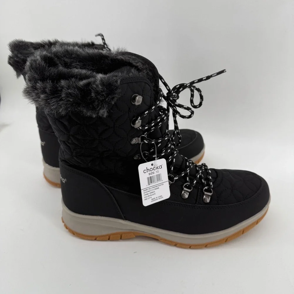 Chooka Belltown Mid Faux Fur Black Winter Boots Insulated Water Repellent Size 9